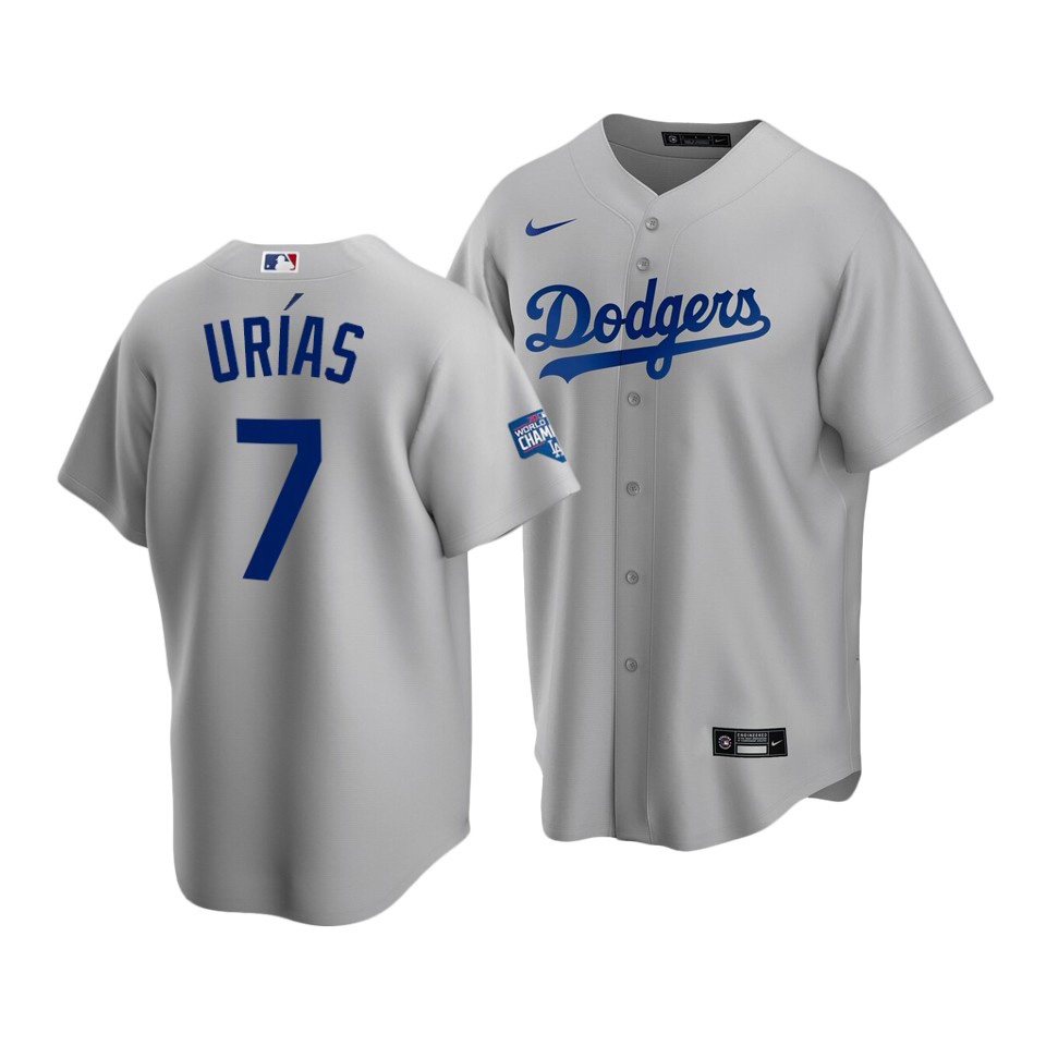 Men's Los Angeles Dodgers #7 Julio Urias Grey 2020 World Series Champions Home Patch Stitched MLB Jersey